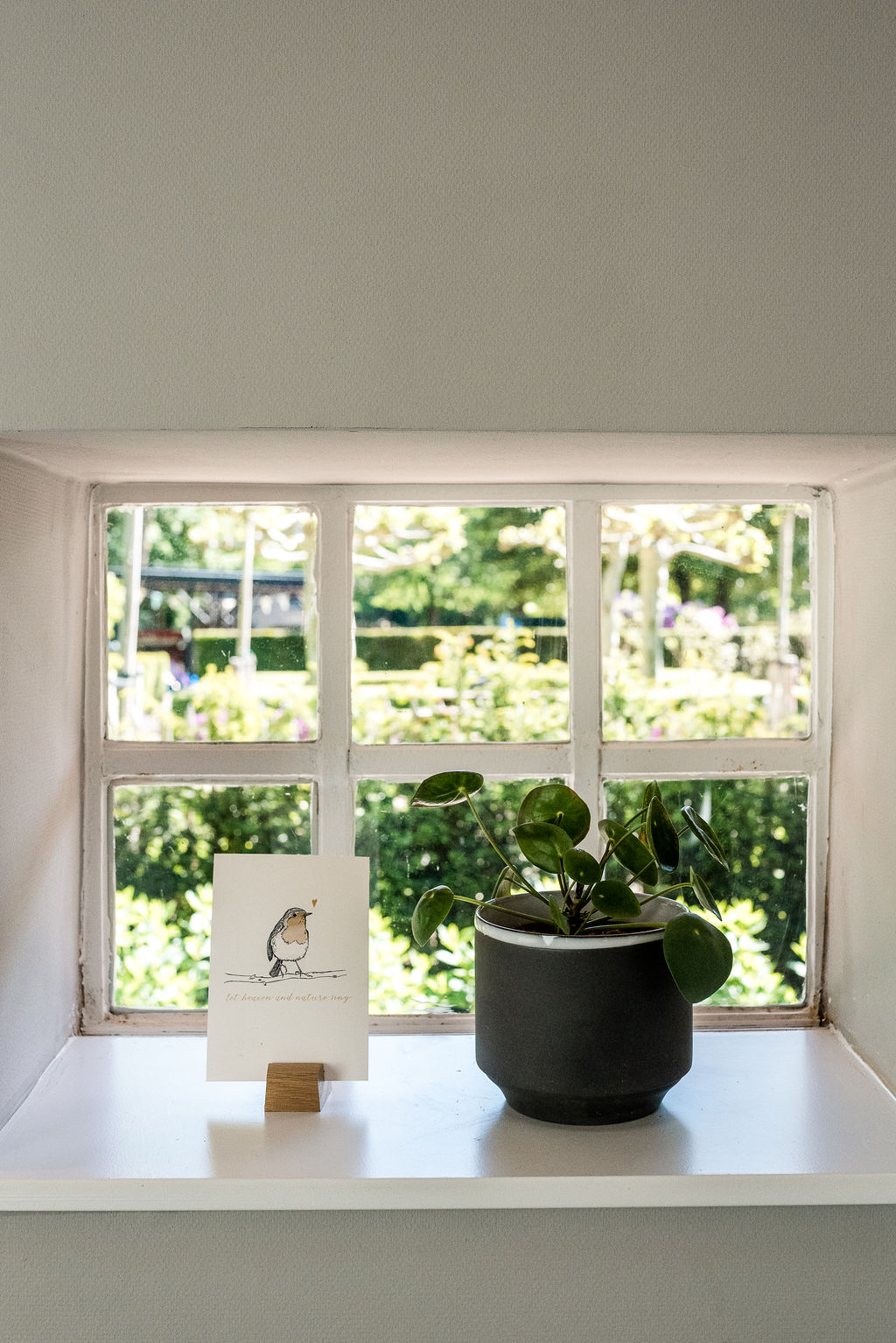 Raam met uitzicht op de tuin, een plant en een kaartje op de vensterbank